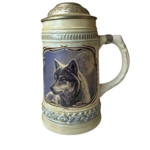 Vintage Gerz German Beer Stein With Wolf Design & Pewter Lid